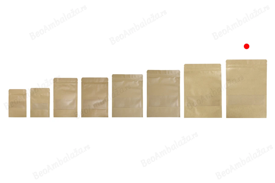 Kraft DoyPack  200x50x295 mm kesice sa zip zatvaranjem i prozorom, unutrašnjom i spoljašnjom providnom oblogom, ovalnim dnom i sa mogućnošću termo zatvaranja - 100 kom-grupa_slika