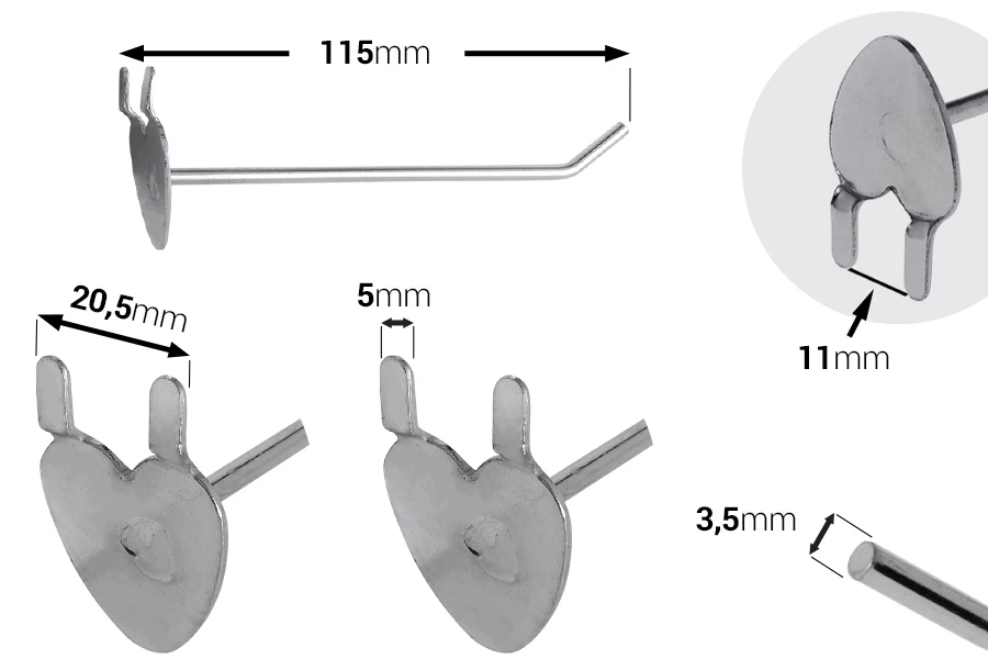 Metalna kukica sa osnovom u obliku srca 115mm, za izlaganje proizvoda-