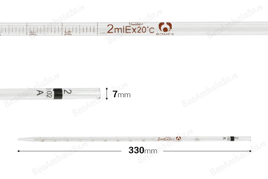 Graduisana staklena pipeta sa definisanom zapreminom od 2 mL-dimenzije_slike