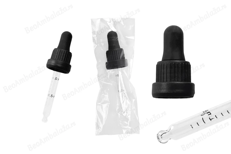 Pipeta od 30mL sa crnim širokim sigurnosnim zatvaračem, oznakama za zapreminu i crnom MAT ili crnom sjajnom gumicom - pojedinačno pakovanje-grupa_slika