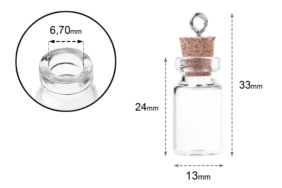 Mala, staklena flašica sa pampurnim zapušačem i kukicom za kačenje ili za dekoraciju, 13x33 mm - 25 kom-dimenzije_slike