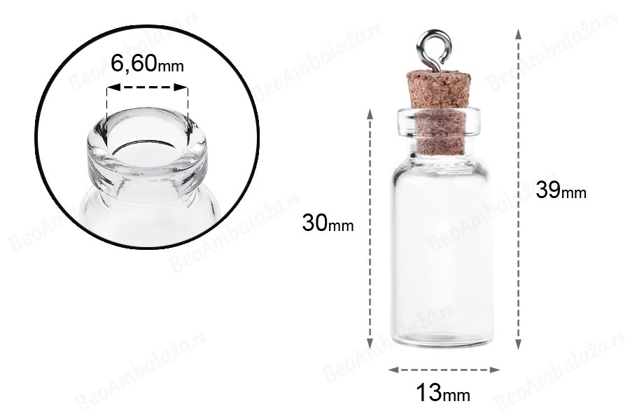 Mala, staklena flašica sa pampurnim zapušačem i kukicom za kačenje ili za dekoraciju, 13x39 mm - 25 kom-grupa_slika