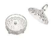 Staklena okrugla fondanjerica sa poklopcem, 3 nogice i izrezbane motive 120x95 mm-grupa_slika