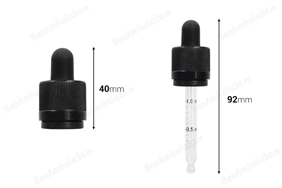 Pipeta od 30mL sa crnim CRC sigurnosnim zatvaračem, oznakama za zapreminu i MAT crnom gumicom - pojedinačno pakovanje-dimenzije_slike