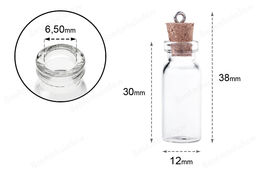 Mala, staklena flašica sa pampurnim zapušačem i kukicom za kačenje ili za dekoraciju, 12x38 mm - 25 kom-dimenzije_slike