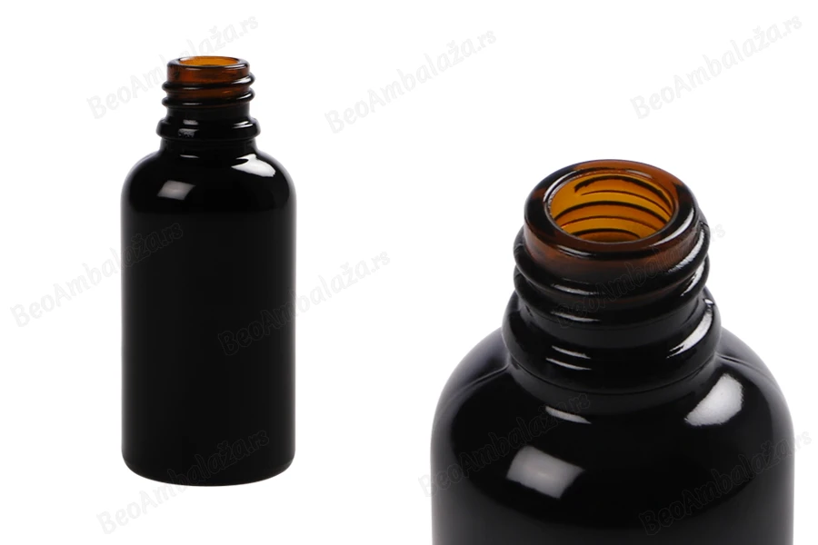 Crna sjajna staklena bočica za etarska ulja 30mL, sa grlom PP18-slika_proizvoda