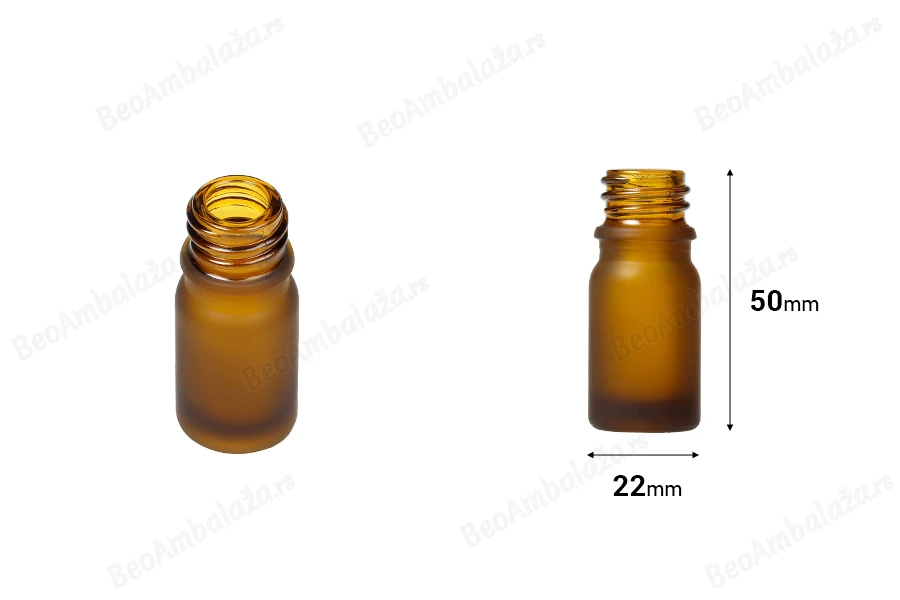 Staklena bočica od 5mL za etarska ulja PP18, od karamel braon peskiranog stakla-dimenzije_slike