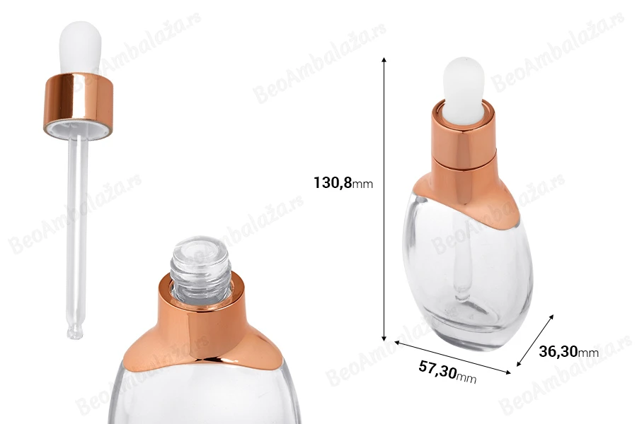 Staklena bočica 40mL za kozmetičke preparate sa pipetom, zatvaračem i plastičnim drenažnim elementom-dimenzije_slike