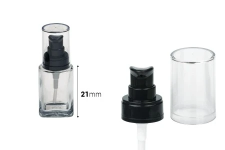 Staklena četvrtasta bočica 30mL za kreme sa crnom plastičnom pumpicom i providnim zatvaračem-2