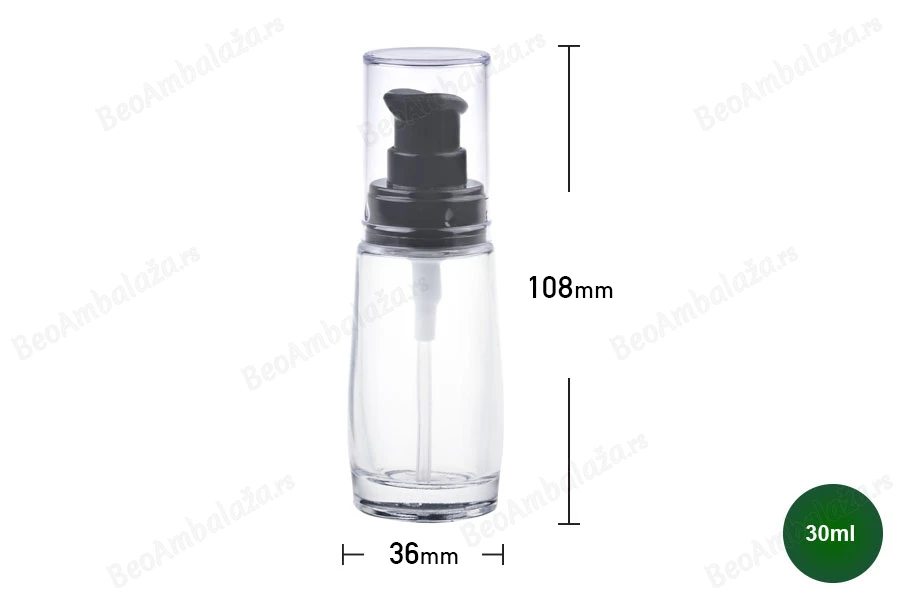 Staklena okrugla bočica 30mL za kreme sa plastičnom pumpicom u dve boje i providnim zatvaračem-dimenzije_slike
