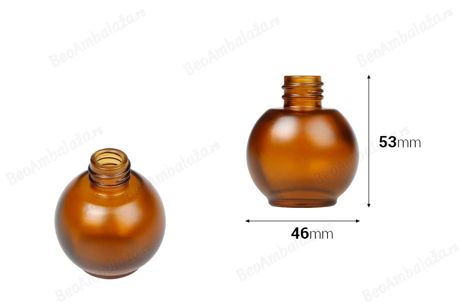 Okrugla staklena bočica od 30mL, od karamel braon peskiranog stakla-dimenzije_slike