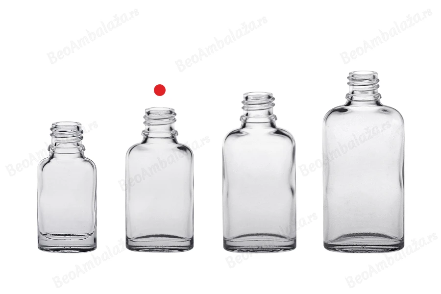 Staklena ovalna providna bočica za etarska ulja 20mL, sa grlom PP18-grupa_slika