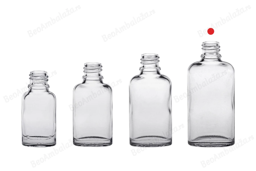 Staklena ovalna providna bočica za etarska ulja 50mL, sa grlom PP18-grupa_slika