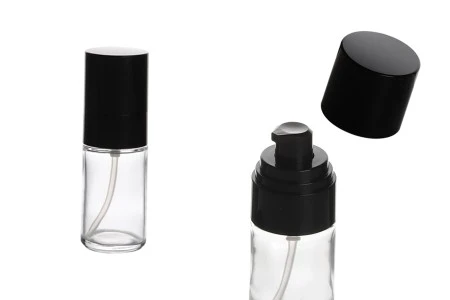 Staklena okrugla bočica 30mL za kreme sa crnom plastičnom pumpicom i crnim zatvaračem (PP18)-1