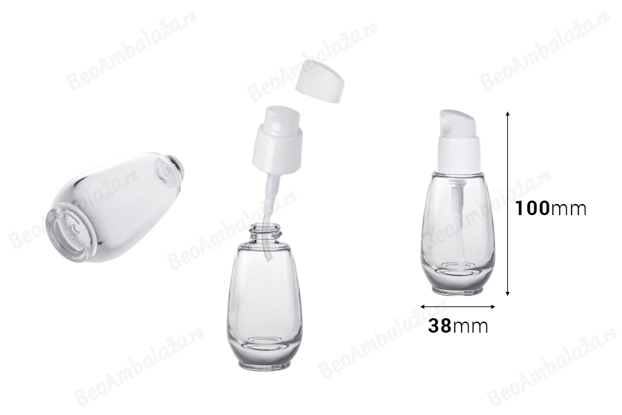 Staklena bočica 30mL sa belom plastičnom pumpicom i zatvaračem PP18-dimenzije_slike