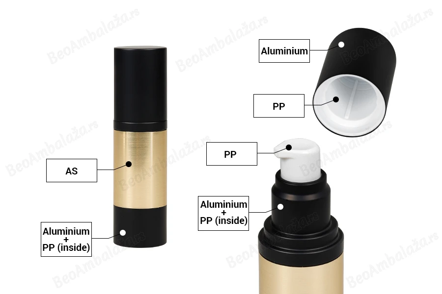 Luksuzna Airless akrilna bočica 30mL sa aluminijumskom oblogom, pumpicom za kreme i zatvaračem-grupa_slika