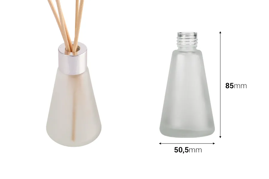Staklena bočica od peskiranog stakla 50mL konusnog oblika, pogodna za osveživač prostora-dimenzije_slike