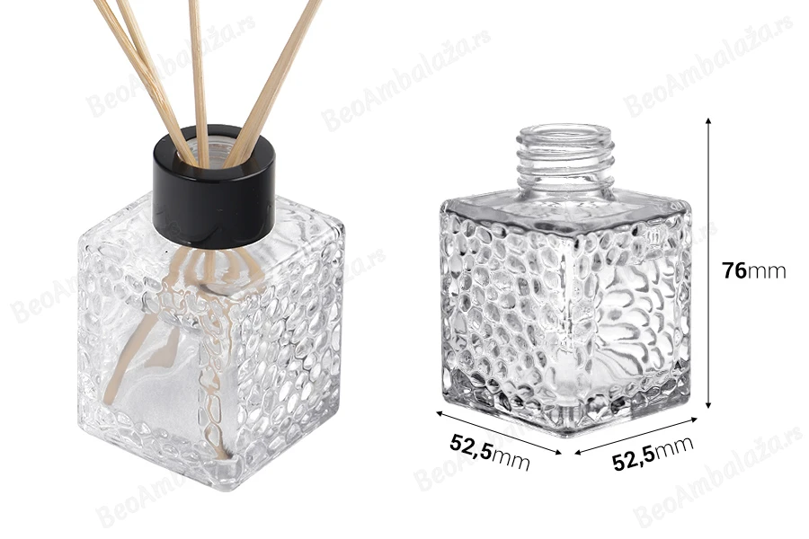 Staklena četvrtasta bočica 100mL (PP 28) sa reljefom, za osveživač prostora-dimenzije_slike