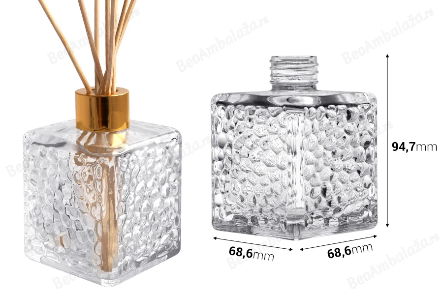 Staklena četvrtasta bočica 200mL (PP 28) sa reljefom, za osveživač prostora-dimenzije_slike