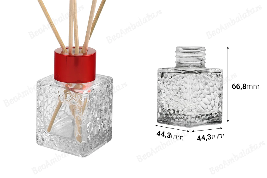 Staklena četvrtasta bočica 50mL (PP 28) sa reljefom, za osveživač prostora-dimenzije_slike