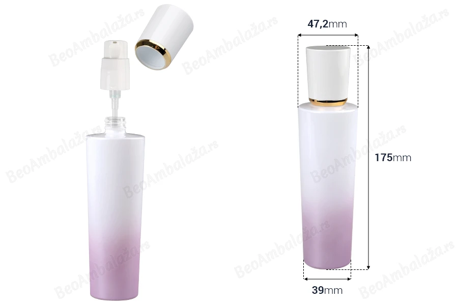 Luksuzna staklena bočica 100mL ljubičasto bele boje sa pumpicom za kreme i akrilnim zatvaračem-dimenzije_slike