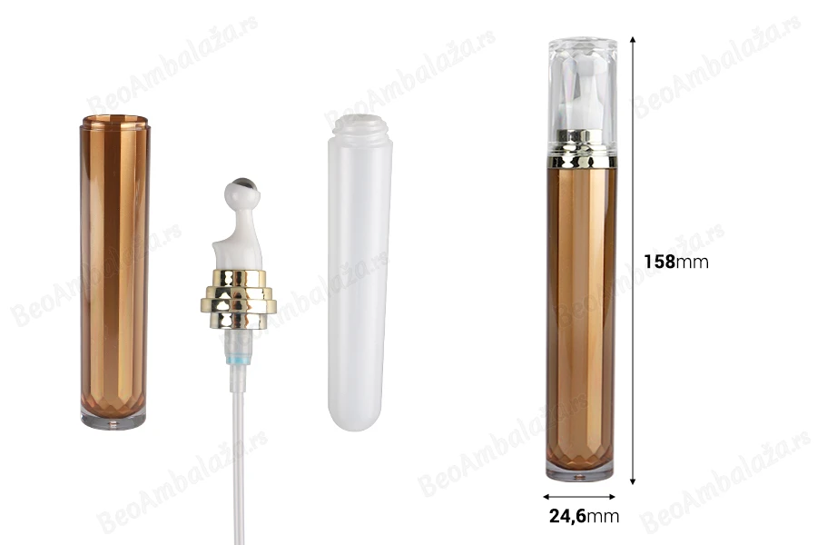 Akrilna bočica 20mL za kozmetičku upotrebu u braon boji, sa roll-on pumpicom i zatvaračem-dimenzije_slike