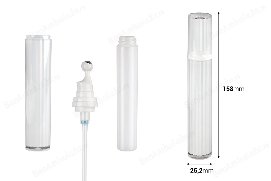 Akrilna bočica 20mL za kozmetičku upotrebu u biserno beloj boji, sa roll-on pumpicom i zatvaračem-dimenzije_slike