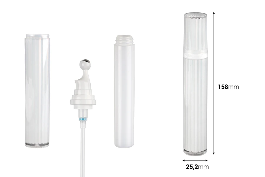 Akrilna bočica 20mL za kozmetičku upotrebu u biserno beloj boji, sa roll-on pumpicom i zatvaračem-dimenzije_slike