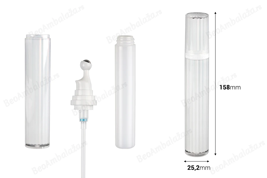 Akrilna bočica 20mL za kozmetičku upotrebu u biserno beloj boji, sa roll-on pumpicom i zatvaračem-dimenzije_slike
