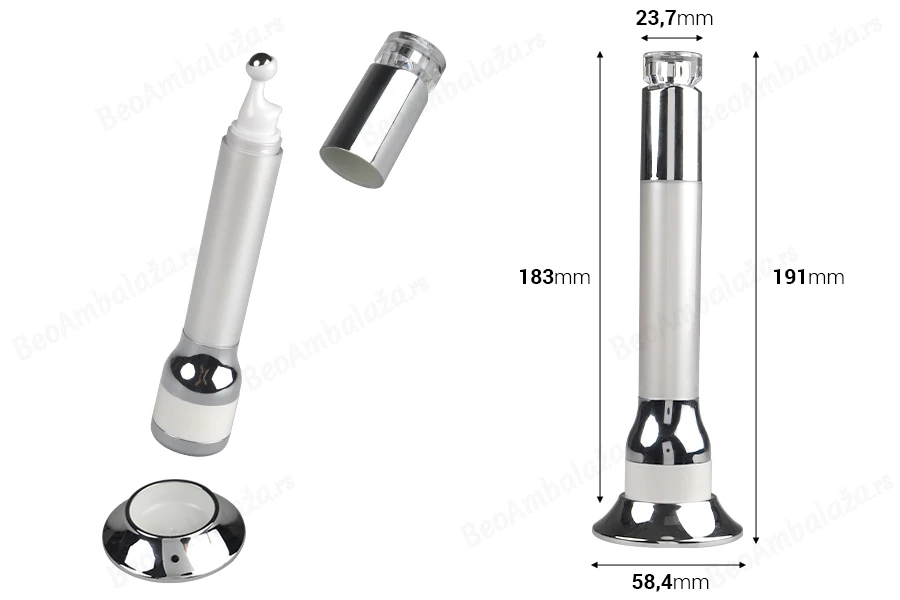Akrilna bela bočica 15mL sa roll-on pumpicom za serum i vibracijom na dodir-dimenzije_slike