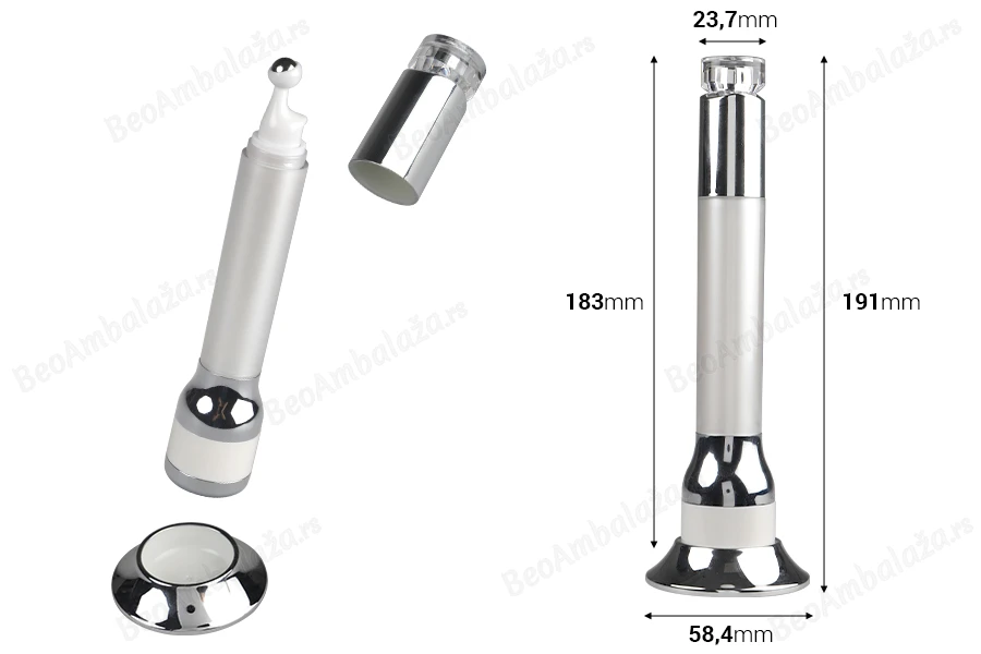 Akrilna bela bočica 15mL sa roll-on pumpicom za serum i vibracijom na dodir-dimenzije_slike