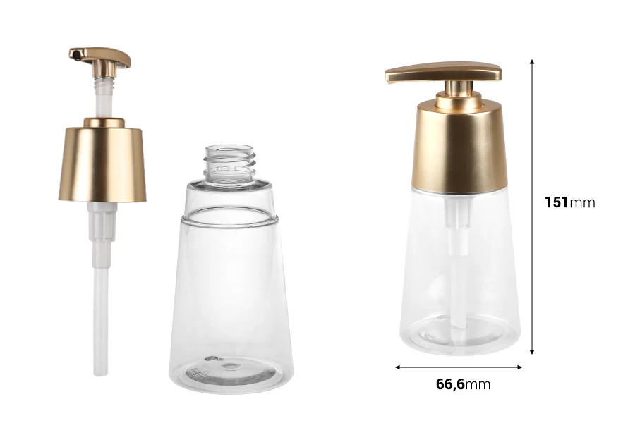 Plastična PET bočica 200mL, providna sa mat zlatnom pumpicom Plastična PET bočica 200mL, providna sa mat zlatnom pumpicom