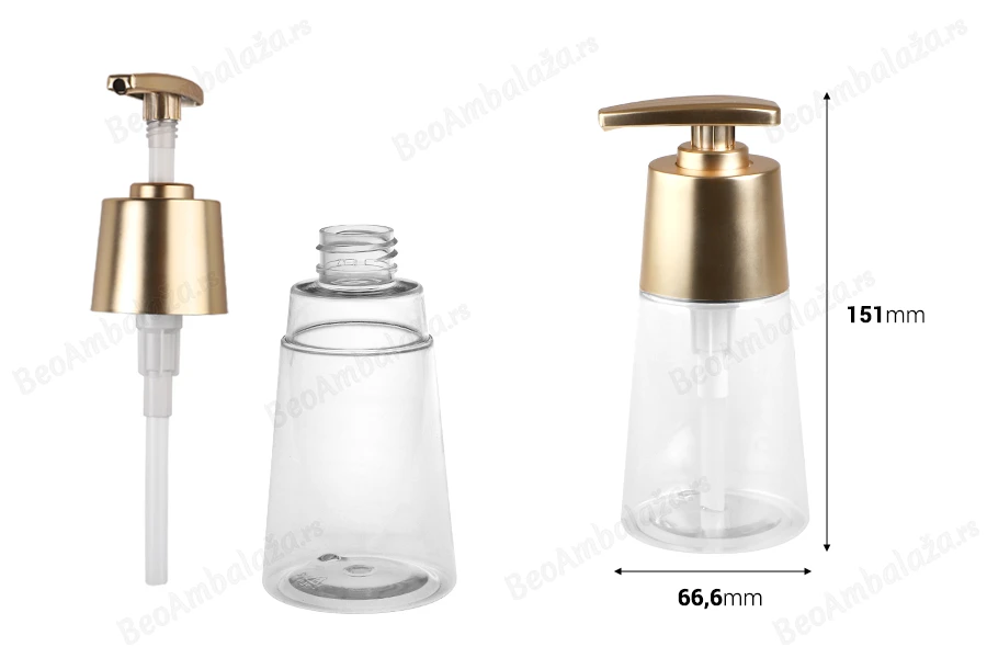 Plastična PET bočica 200mL, providna sa mat zlatnom pumpicom-dimenzije_slike
