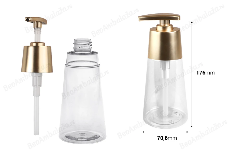 Plastična PET bočica 300mL, providna sa mat zlatnom pumpicom-dimenzije_slike