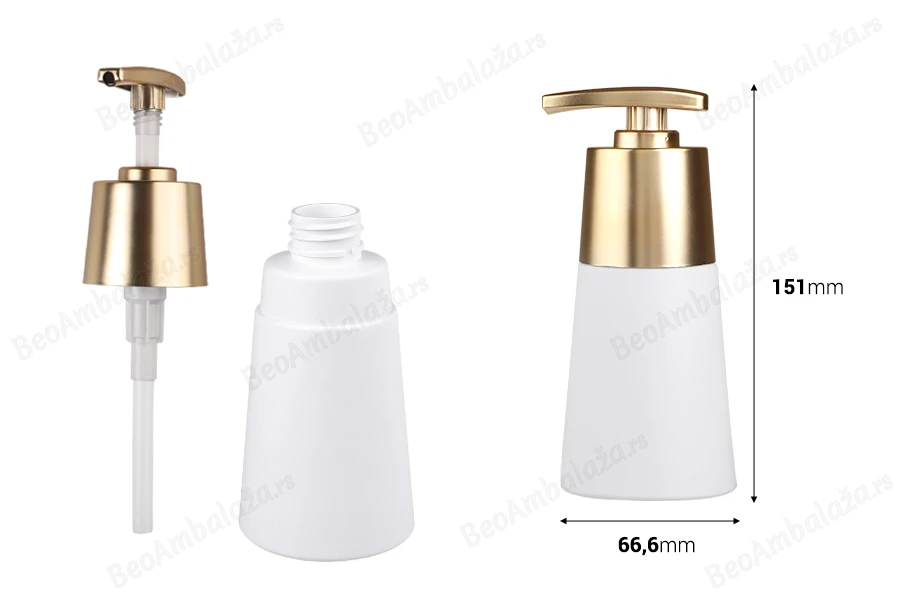 Plastična PET bočica 200mL, mat bela sa mat zlatnom pumpicom-dimenzije_slike