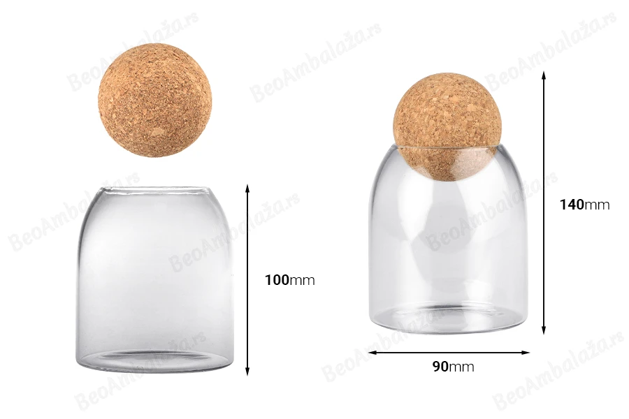 Staklena providna posuda 500mL sa čepom od prirodne plute u obliku kugle-dimenzije_slike