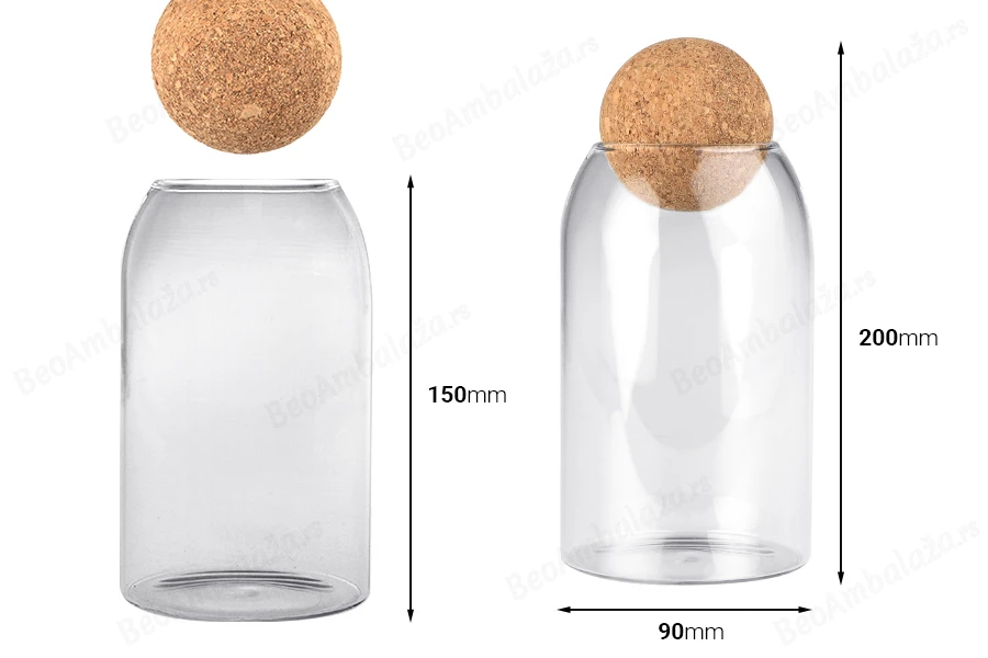 Staklena providna posuda 800mL sa čepom od prirodne plute u obliku kugle-dimenzije_slike