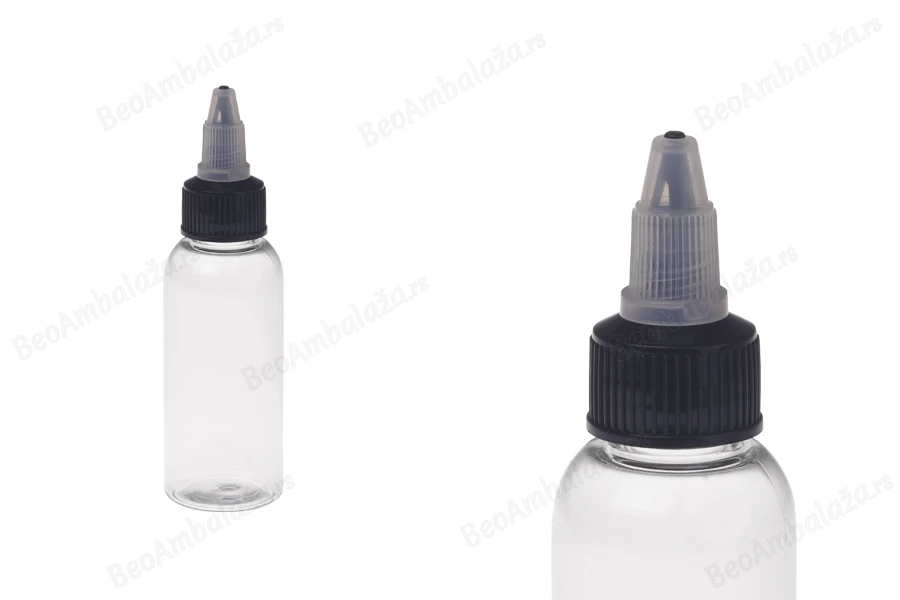 Plastična PET bočica 50mL sa crnim "unicorn" poklopcem za elektronsku cigaretu - 50 kom-dimenzije_slike
