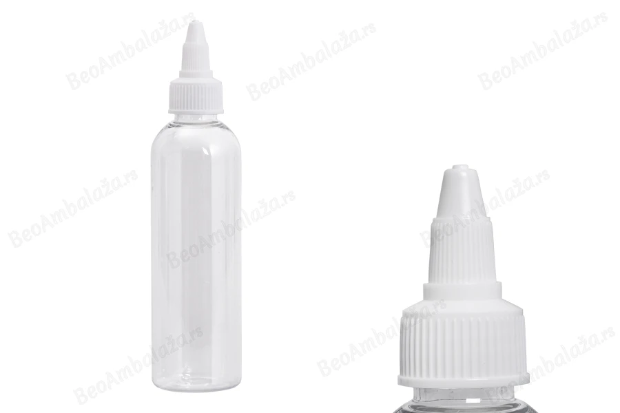 Flašica PET 120mL providna sa belim twist up zatvaračem "unicorn" za elektronske cigarete - 50 kom-slika_proizvoda