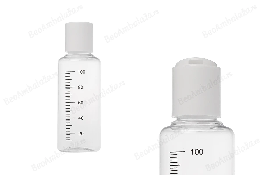 Providna plastična flašica 100mL sa mernim oznakama i belim disk top zatvaračem - 12 kom-slika_proizvoda