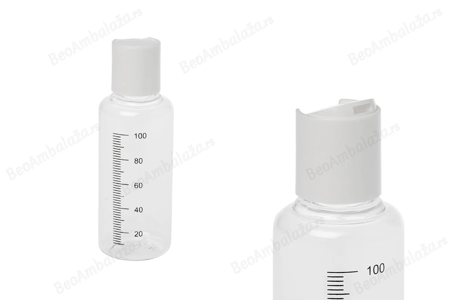 Providna plastična flašica 100mL sa mernim oznakama i belim disk top zatvaračem - 12 kom-dimenzije_slike