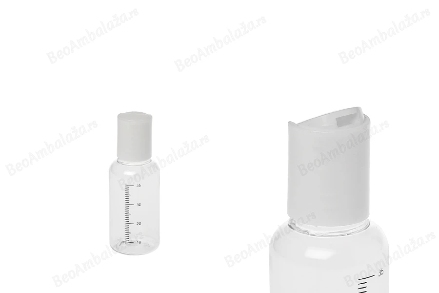 Providna plastična flašica 35mL sa mernim oznakama i belim disk top zatvaračem - 24 kom-dimenzije_slike