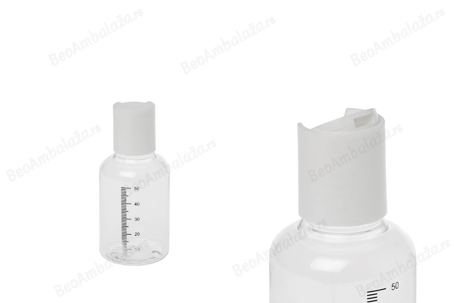 Plastična flašica 50mL sa mernim oznakama i belim disk-top zatvaračem - 24 kom-dimenzije_slike