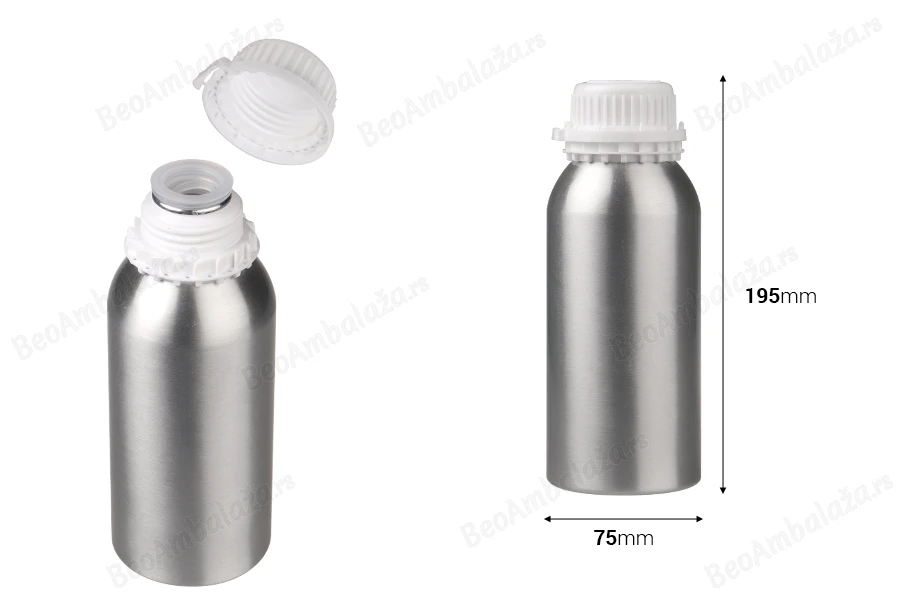 Aluminijumska boca 500mL za čuvanje esencija, parfema i alkoholnih rastvora sa čepom i plastičnim belim zaštitnim poklopcem-dimenzije_slike