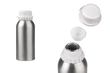 Aluminijumska boca 500mL za čuvanje esencija, parfema i alkoholnih rastvora sa čepom i plastičnim belim zaštitnim poklopcem-1
