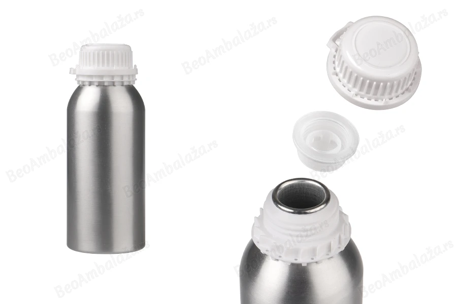 Aluminijumska boca 500mL za čuvanje esencija, parfema i alkoholnih rastvora sa čepom i plastičnim belim zaštitnim poklopcem-slika_proizvoda