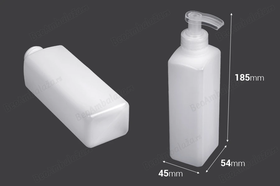 Plastična poluprovidna četvrtasta flaša 300 mL sa pumpicom, 28/400-dimenzije_slike