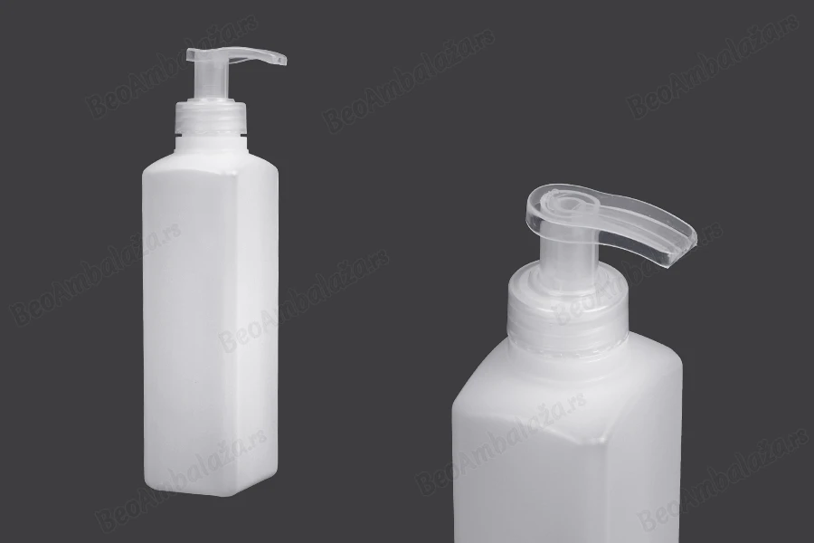 Plastična poluprovidna četvrtasta flaša 300 mL sa pumpicom, 28/400-slika_proizvoda