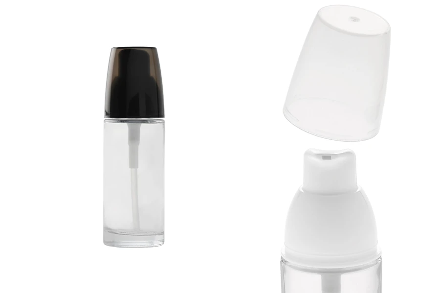 Staklena okrugla bočica 30mL za kreme sa pumpicom i zatvaračem u dve boje Staklena okrugla bočica 30mL za kreme sa pumpicom i zatvaračem u dve boje