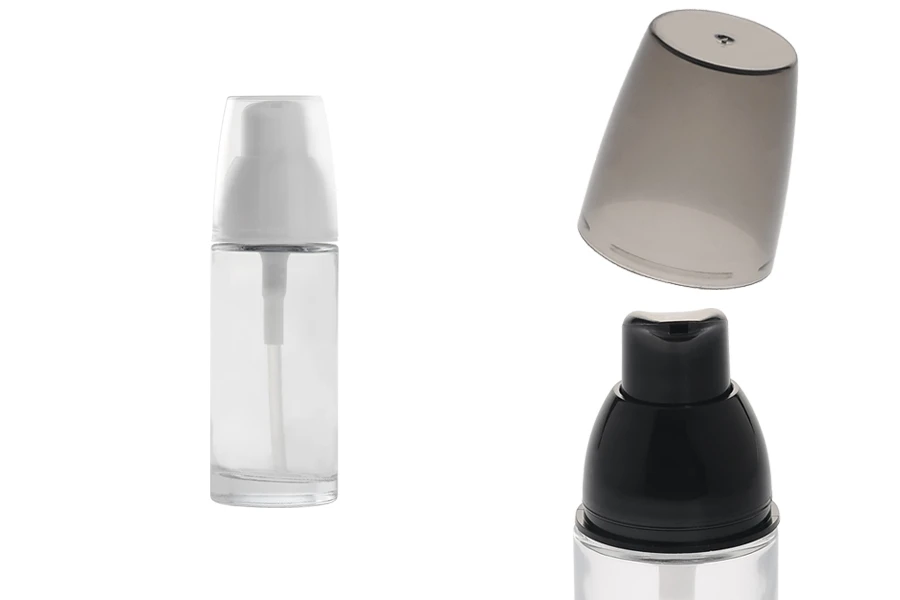 Staklena okrugla bočica 30mL za kreme sa pumpicom i zatvaračem u dve boje Staklena okrugla bočica 30mL za kreme sa pumpicom i zatvaračem u dve boje